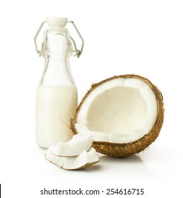 Coconut And Milk In A Glass Bottle Isolated On White