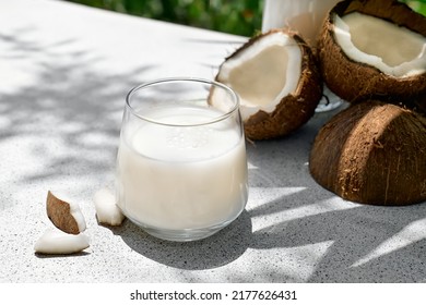 Coconut Milk In Glass And Half Of Coconut On Palm Leaf Background. Vegetable Milk, Lactose Free Non Dairy Healthy Drink. Vegan Food.