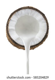Coconut milk pouring front view isolated on white background as package design element