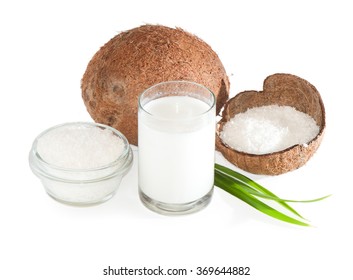 Coconut, Coconut Milk And Shavings Isolated On White