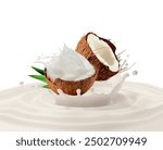 Coconut with milk splash isolated on white background