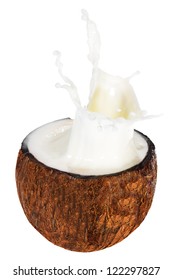 Coconut In Milk Splash, Isolated On White Background