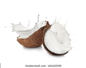 Coconut And Milk Splashes On White Background