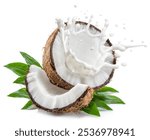 Coconut milk splashing out from split coconut fruit and piece of coconut and leaves near it.  File contains clipping path.