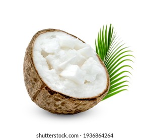Coconut milk tropical fruit or fluffy coconut cut in half with palm leaf isolated on white background - Shutterstock ID 1936864264