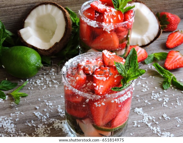 Coconut Mint Lime Strawberry Drink Quenching Stock Photo Edit Now 651814975