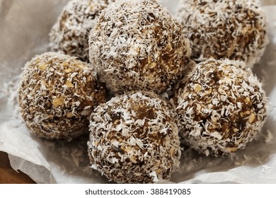 Coconut Oats Protein Balls / Oatmeal Raisin Balls Rolled In Coconut, Selective Focus