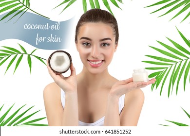 Coconut Oil For Skin. Young Woman And Cosmetic On White Background