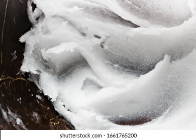 Coconut Oil Texture. White Butter In A Coconut Bowl. Food, Cosmetic Ingredient, Spa Treatment 