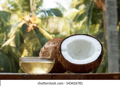 coconut and coconut oil with coconut tree background - Shutterstock ID 543426781