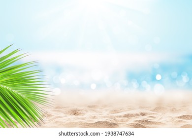 Coconut palm leaf against blue sky and beautiful beach in Punta Cana, Dominican Republic. Vacation holidays background wallpaper. Landscape of tropical summer beach. 