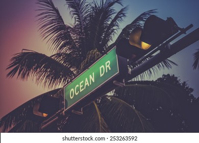 Coconut Palm Tree Against Ocean Drive Sign In Miami Beach, Florida. Retro Style Colors.