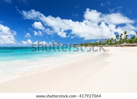 Coconut Palm trees on white sandy Bavaro beach in Punta Cana, Dominican Republic