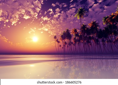 coconut palms at purple sunset over tropic sea