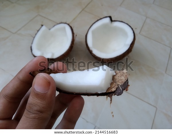Coconut piece in hand\
after dividing it. 