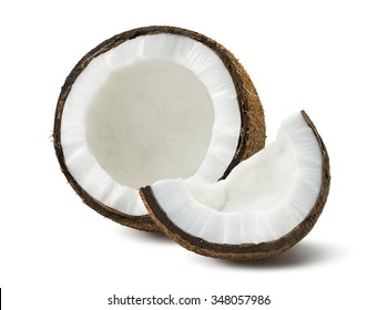 Coconut pieces broken isolated on white background as package design element