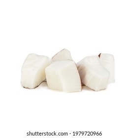 Coconut Pieces Isolated On White Background. Fresh Coconut Chunks