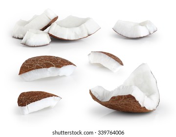 Coconut pieces isolated on a white background. Collection.