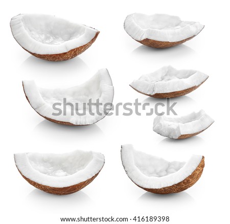 Coconut pieces isolated on a white background. Collection.