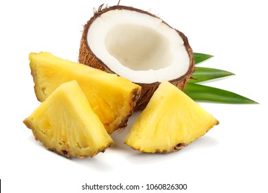 Coconut with pineapple and green leaves isolated on white background - Powered by Shutterstock
