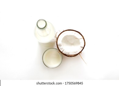 Coconut Products On A White Background Isolate, Lactose-free Milk, Fresh And Canned, Natural, Organic Coconut Products, Raw Materials For Industry