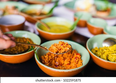 Coconut Sambal Close Up On Table With Sri Lankan Food