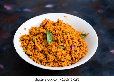 Coconut Sambal, A Srilankan/ Indian Spicy Dish, In A Bowl On A Textured Background.