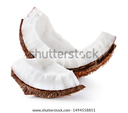 Coconut slice. Coco pieces isolated on white background.