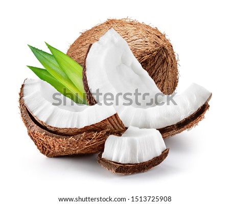 Coconut slice. Coco pieces isolated on white. Coconut with leaves.
