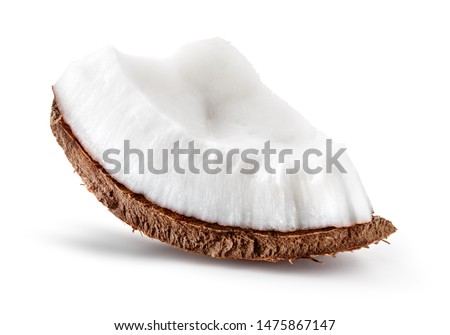 Coconut slice front view. Coconut piece side view isolated. Coco on white.