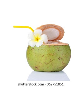 Coconut Water Drink, Beach Cafe, Plumeria Flower Isolated On White Background. This Has Clipping Path.