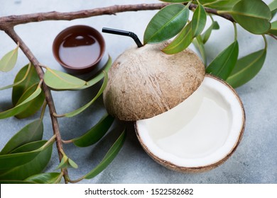 Coconut Water In A Natural Coconut, Studio Shot On A Light-blue Stone Background With Ficus Tree