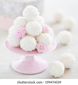 Coconut White Chocolate Truffles, Selective Focus