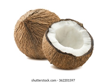 Coconut whole cut half composition isolated white background as package design element
