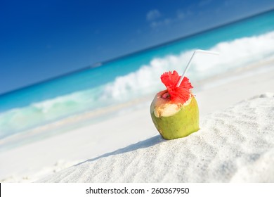 Coconuts with drinking straw on the sand at the sea