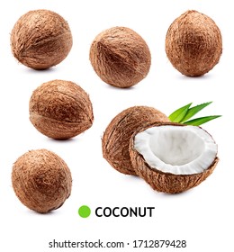 Coconuts isolated. Coconut whole, half, coco piece and leaves isolate. Collection. Full depth of field.
