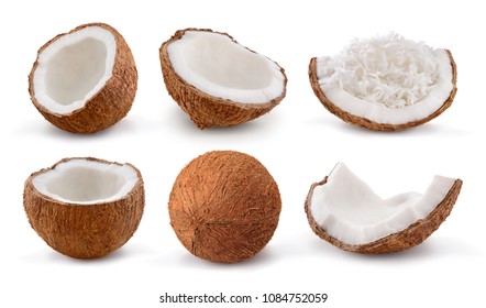 Coconuts isolated on white background. Collection. Set.