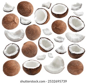 Coconuts isolated on white, collage. Whole and pieces - Powered by Shutterstock