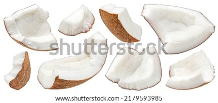 Coconuts pieces isolated on white background, full depth of field
