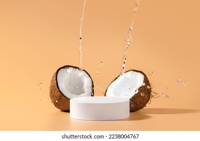 Coconuts product design. Beauty skincare scene for cosmetic product presentation made with mockup round scene, coconuts and tropical water splash. - Shutterstock ID 2238004767