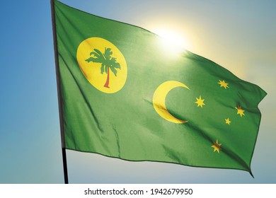 Cocos Keeling Islands Flag Waving On The Wind In Front Of Sun