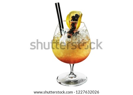 Coctail with ice and lemon and berry and alchohol