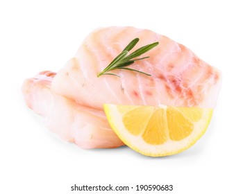 Cod Fish Fillet With Lemon, Rosemary On White, Isolated