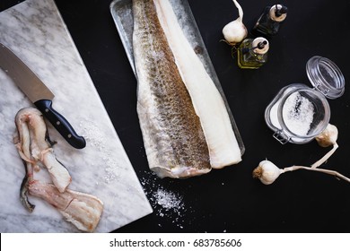 Cod Fish Fillets With Dry Garlic Raw Fish Cooking Process Raw Whole Cod 