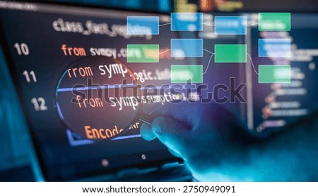 Code Analysis and Software Architecture Review Concept with Magnifying Glass and Flow Diagram