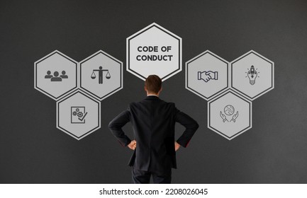 Code Of Conduct Business Concept. Business Ethics Concept. Norms, Rules, And Responsibilities Or Proper Practices Of An Individual Party Or An Organization. Business Integrity, Good Governance Policy.