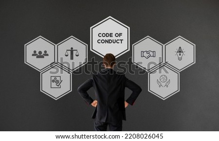 Code of conduct business concept. Business ethics concept. Norms, rules, and responsibilities or proper practices of an individual party or an organization. Business integrity, good governance policy.