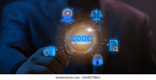 Code of conduct concept, a set of guidelines and rules that outline expected behaviors and ethical standards within an organization. Code of conduct banner web icons on virtual screen.