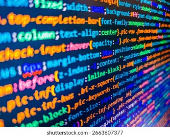 (Code is my own property there is no risk of copyright violations). Website HTML Code on the Laptop Display Closeup Photo. Web development concept. Webdesigner Workstation