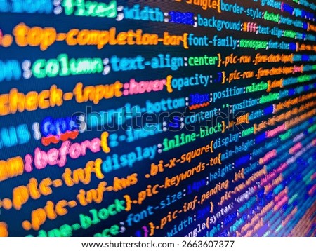 (Code is my own property there is no risk of copyright violations). Website HTML Code on the Laptop Display Closeup Photo. Web development concept. Webdesigner Workstation